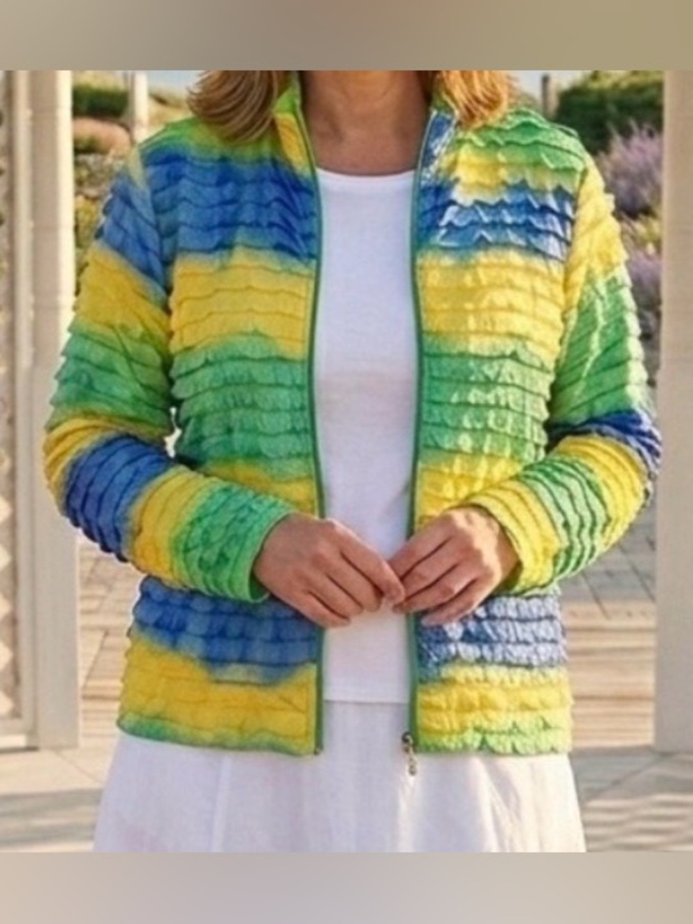 Erin London Ruffle Zip Light Jacket Blue Green Yellow Ombre TieDye Mesh Top XL